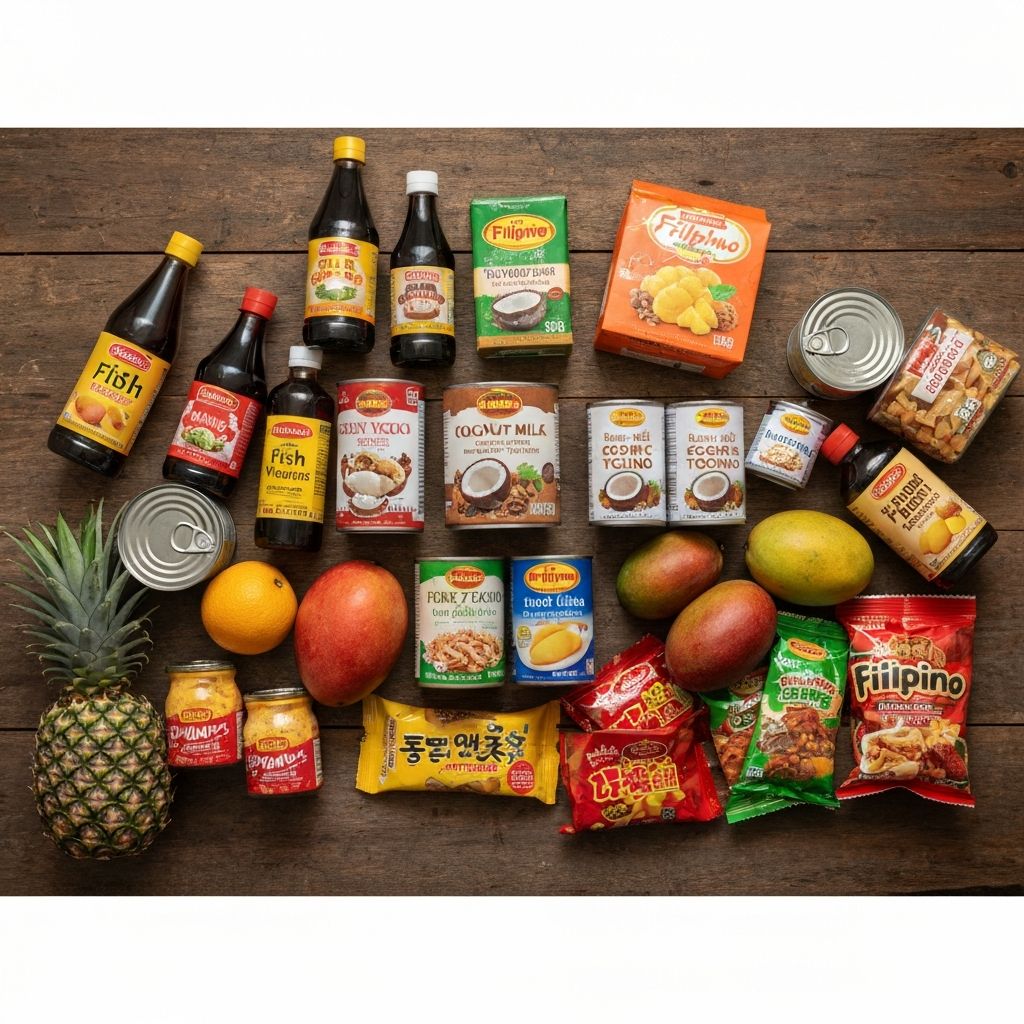 Variety of authentic Filipino grocery products including sauces, condiments, snacks, and produce